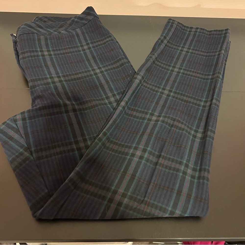 J.Jill Premium Bi-Stretch Plaid Pants Womens Sz 10 Tall Straight Leg Blue Green